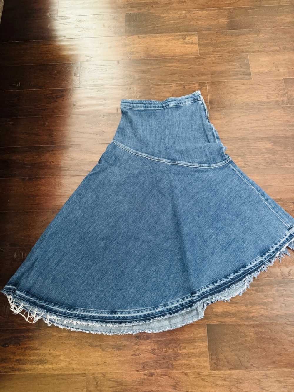Zara Blue Denim Flared Midi Skirt with Frayed Hem